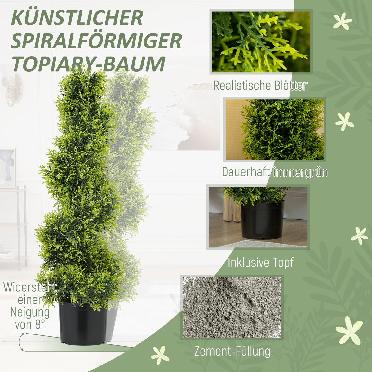 HOMCOM Künstliche Zypresse 90cm Kunstpflanze in Spiralform, Plastik Künstliche Pflanzen im Topf, Moderne Dekoration