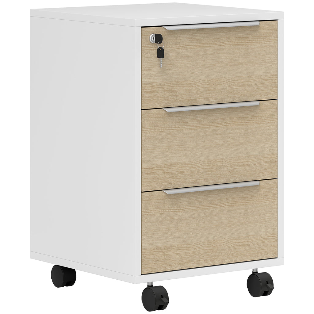 HOMCOM Rollcontainer mit 3 Schubladen und Schloss, Büromöbel auf Rollen, 40 x 40 x 63,5 cm, Eiche