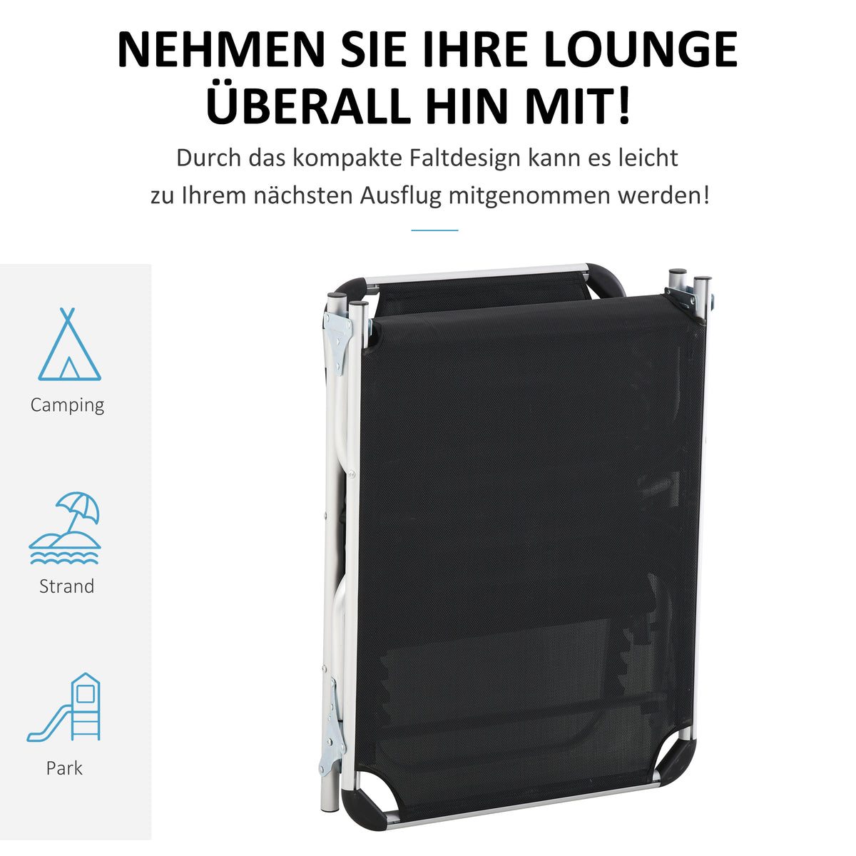 Outsunny Sonnenliege faltbar Gartenliege mit Kopfkissen Liegestuhl mit der 4-stufig verstellbaren Rückenlehne Campingliege bis 120 kg belastbar für Outdoor-Park, Garten, Schwarz