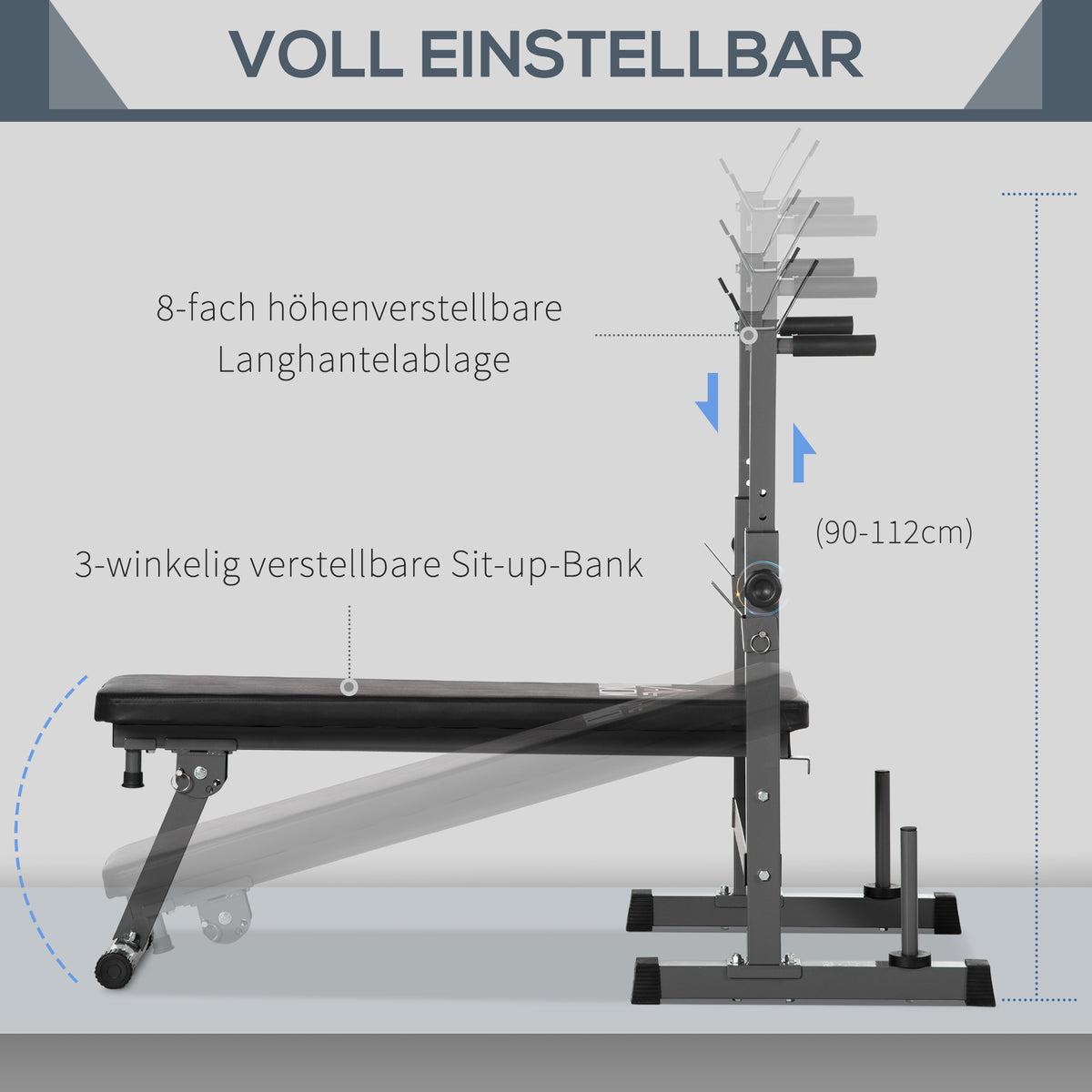 HOMCOM Hantelbank, 8 Positionen, klappbar, Stahlbasis, gepolstert, Kunstleder, 98-122H x 140L x 73B cm, Schwarz/Grau