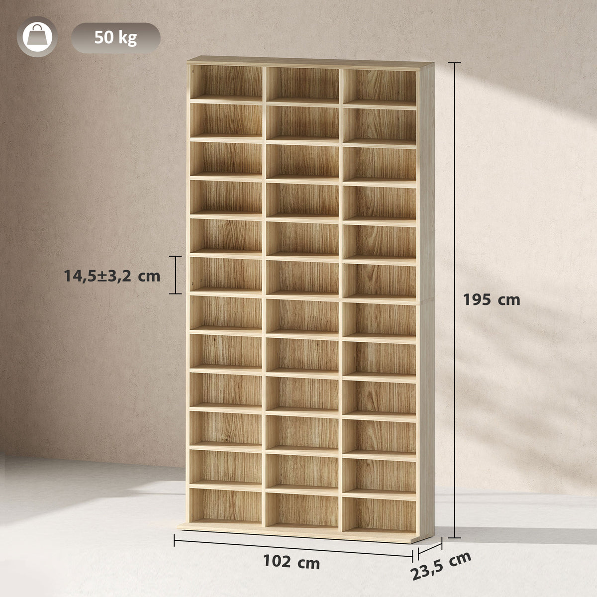 HOMCOM CD- und DVD-Aufbewahrung, Bücherregal Regal 1116 CD/528 DVD, 36 Fächer und verstellbare Regale, Eiche