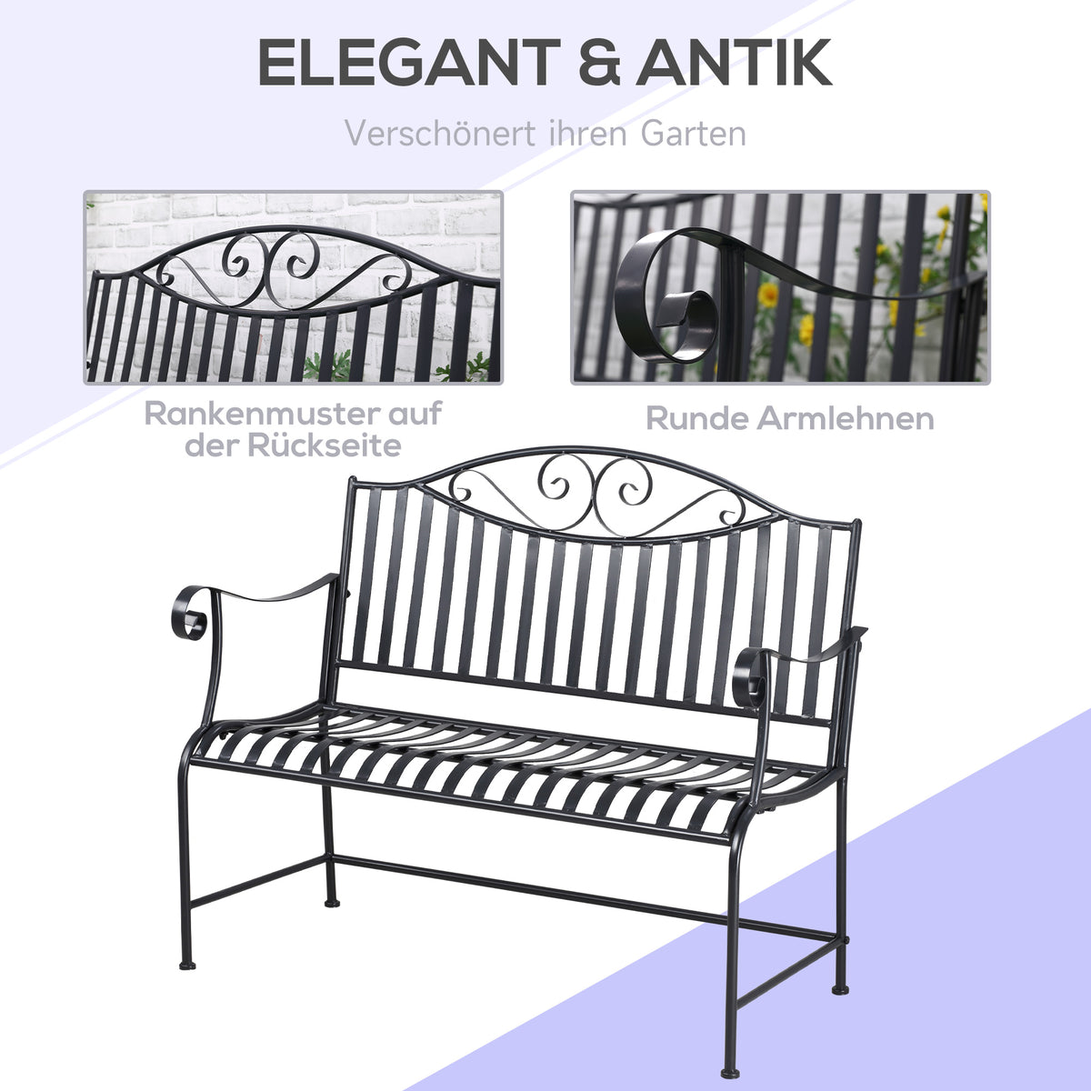 Outsunny Gartenbank Sitzbank Parkbank 2-Sitzer Metallbank Stahlrahmen mit Armlehne für Garten Balkon und Terrasse bis 220 kg belastbar Grau 115,5 x 54 x 96 cm