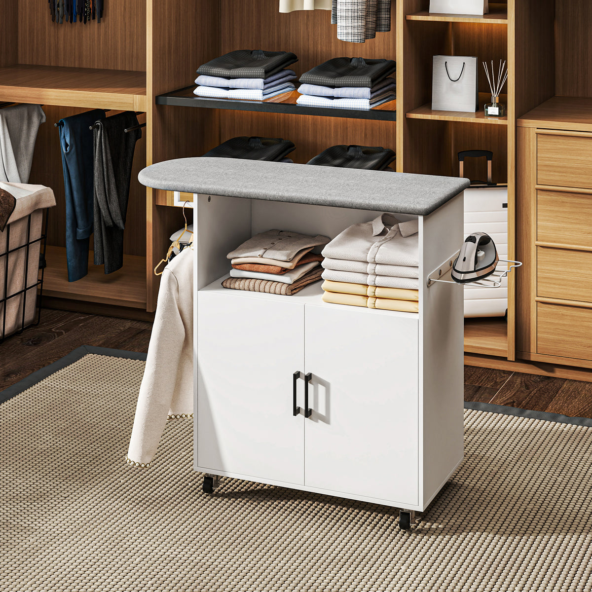 HOMCOM Bügelbrett mit 2 Türen und offenem Fach, 125x43,5x102,5 cm, Weiß