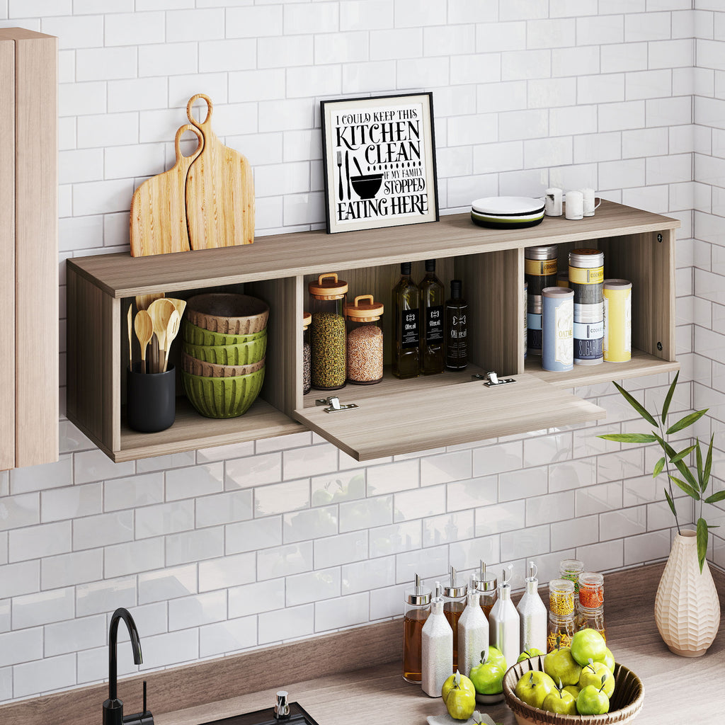 HOMCOM Wandschrank für das Badezimmer Badezimmerschrank zum Aufhängen mit 2 offenen Fächern und Klapptür 120x30x29,5 cm Braun