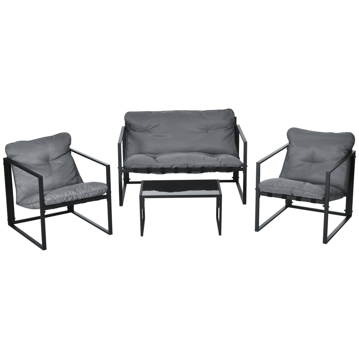 Outsunny Gartenmöbel-Set, 1 Glastisch, 2 Sessel. 1 Sofa, wetterbeständig,114 cm x 70 cm x 67 cm, Grau+Schwarz