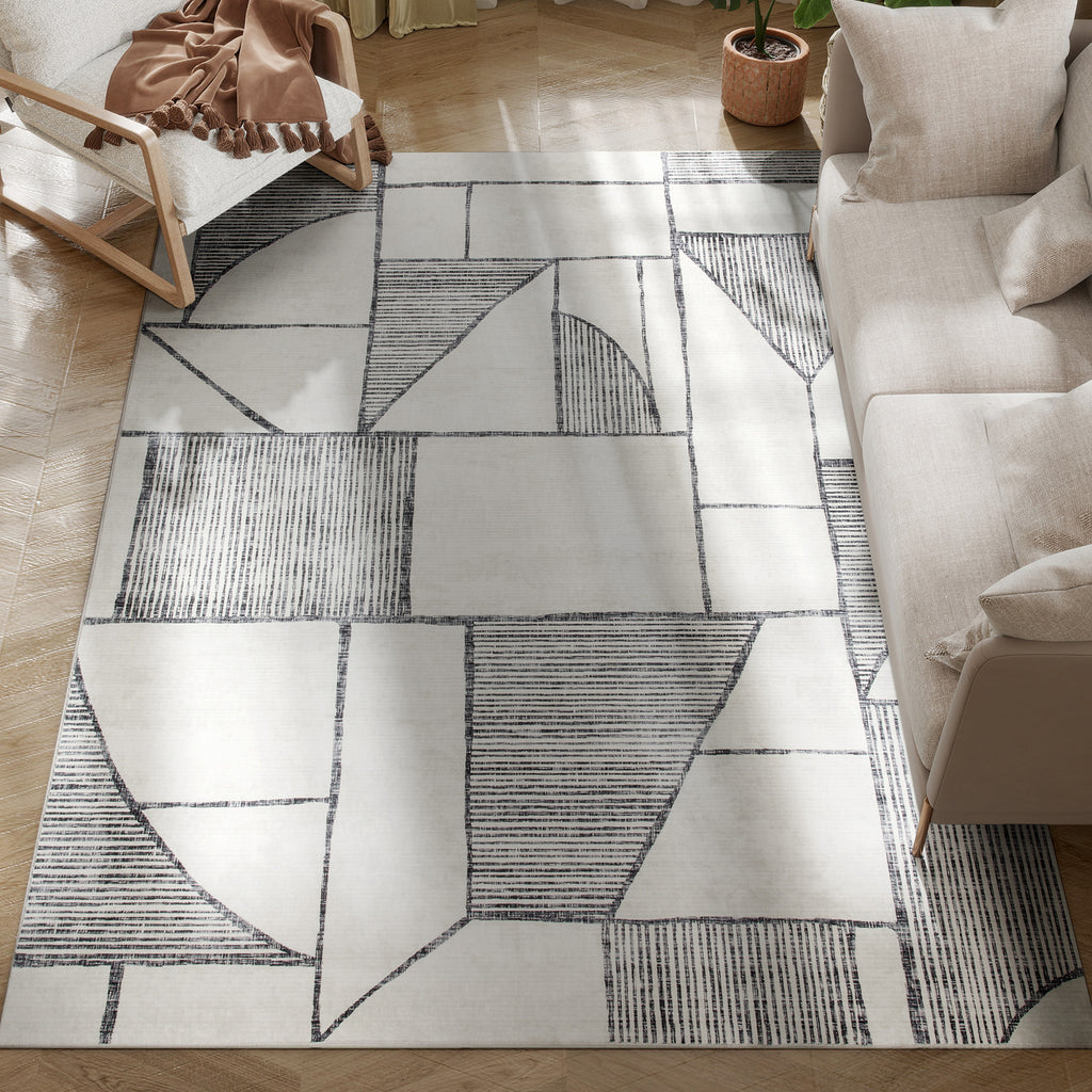 HOMCOM Rutschfester Moderner Teppich mit Geometrischen Linien, aus 100% Polyester, Multicolor, 230x160x0,7 cm
