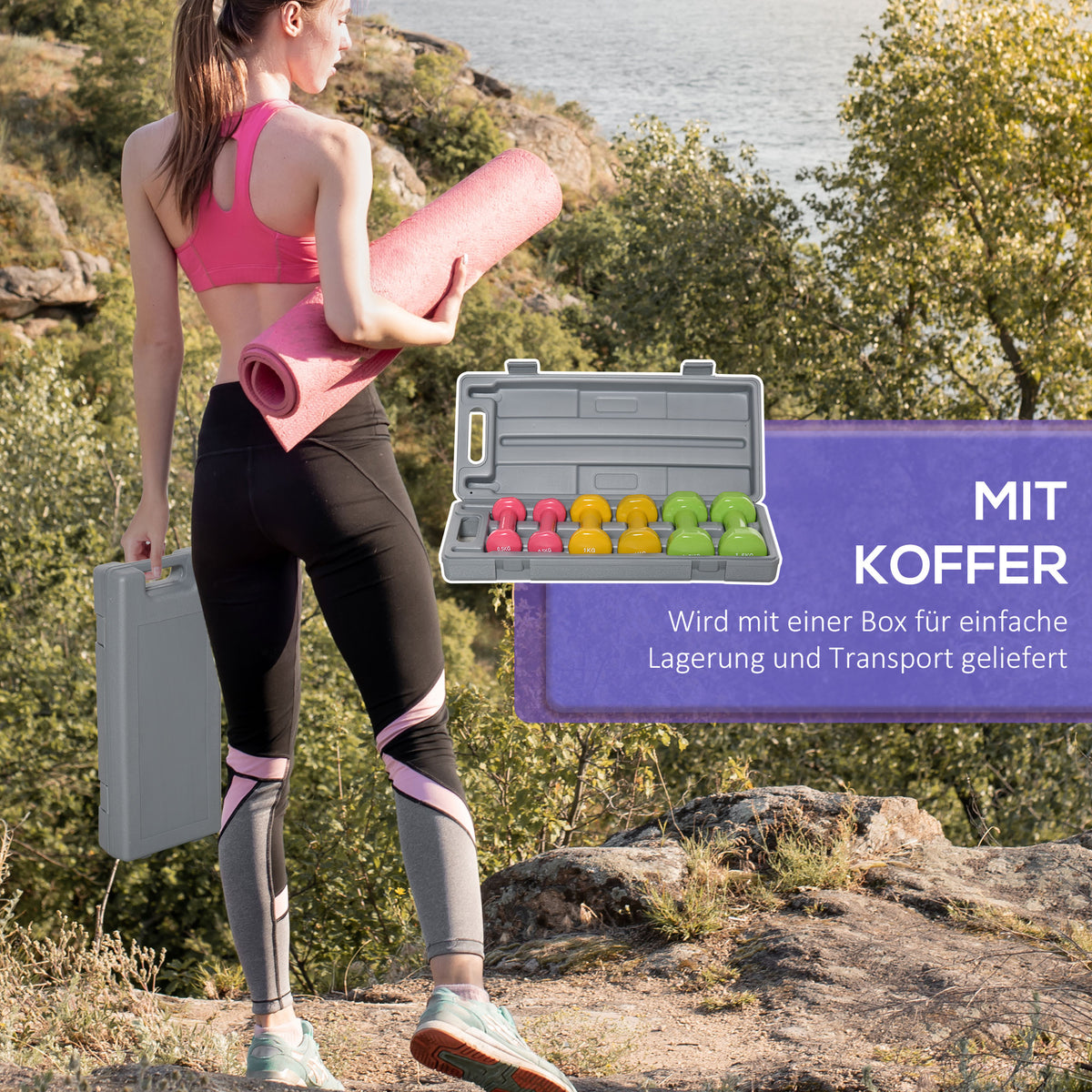 HOMCOM Kurzhantel Set mit Koffer Tragbar 2 x 0,5 kg, 2 x 1 kg, 2 x 1,5 kg Hantelset  6er Set Stahl Bunt