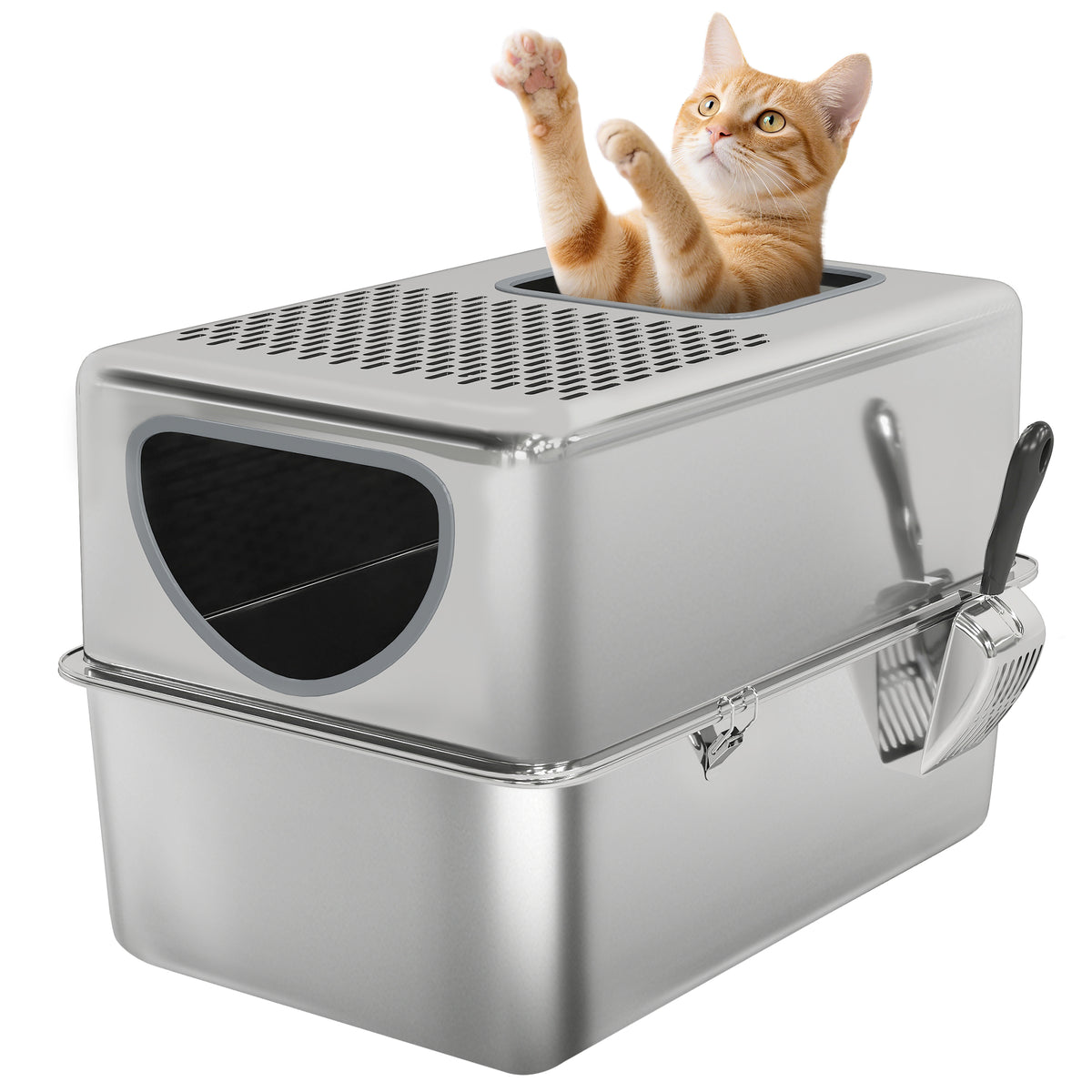PawHut Katzenklo aus Edelstahl XL Katzentoilette mit Schaufel Doppelöffnungen Leicht zu reinigen Silber