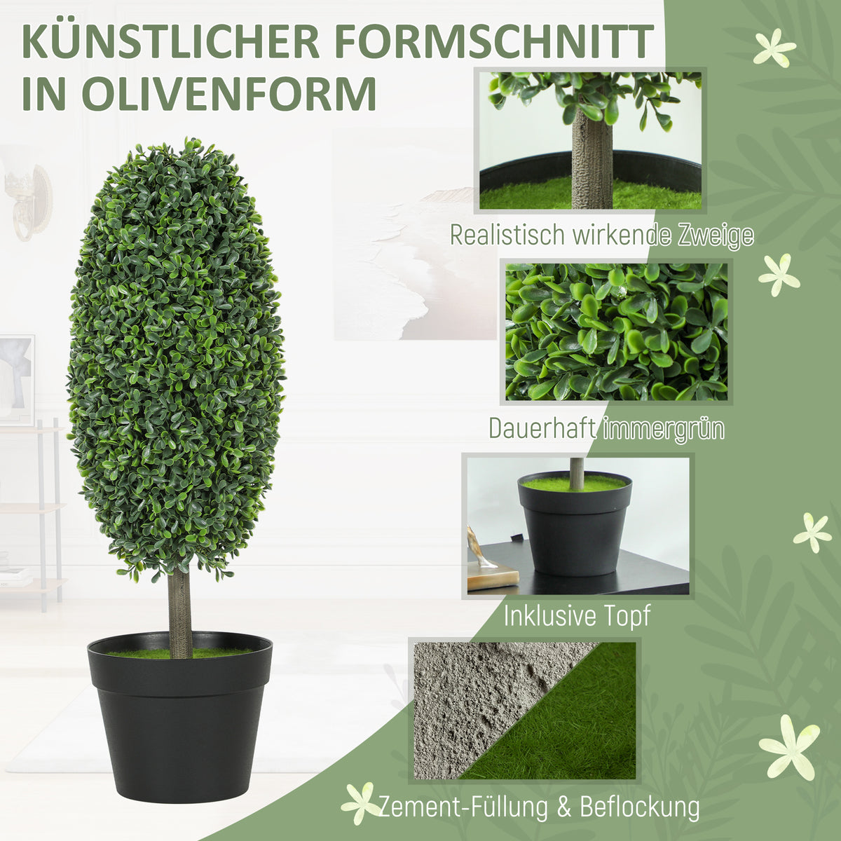HOMCOM 2er-Set künstliche Pflanzen, UV-beständige Kunstbäume im Topf, Kunststoff, Zement, Grün