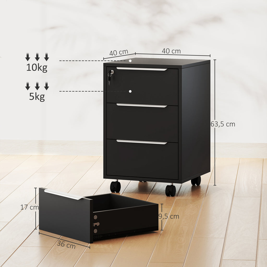 HOMCOM Bürocontainer auf Rollen mit 3 Schubladen und Schloss, Rollcontainer, 40 x 40 x 63,5 cm, Schwarz
