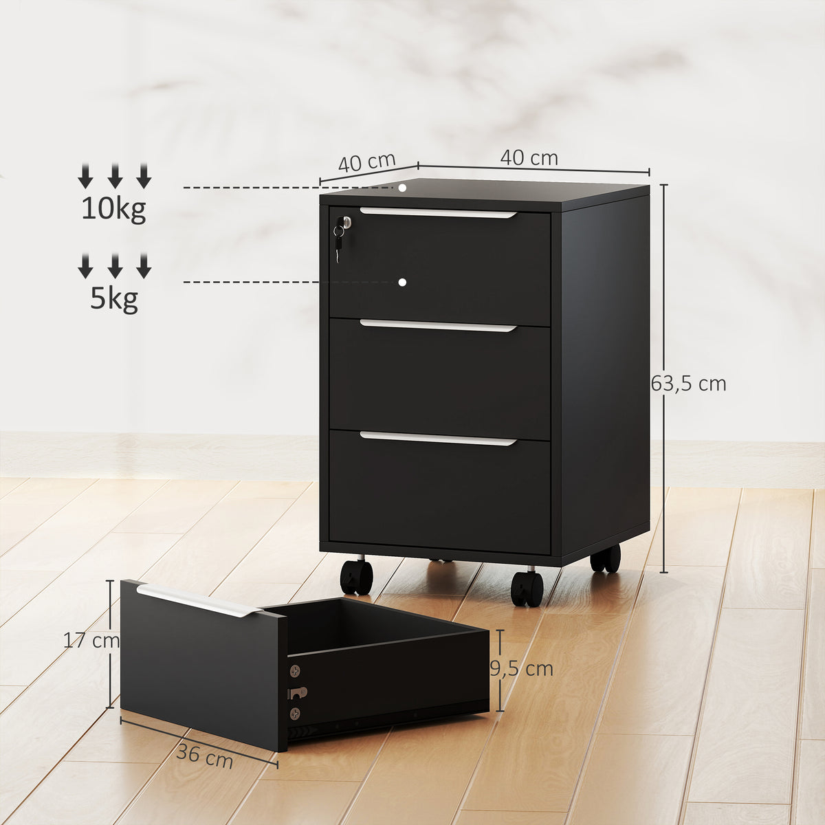 HOMCOM Bürocontainer auf Rollen mit 3 Schubladen und Schloss, Rollcontainer, 40 x 40 x 63,5 cm, Schwarz