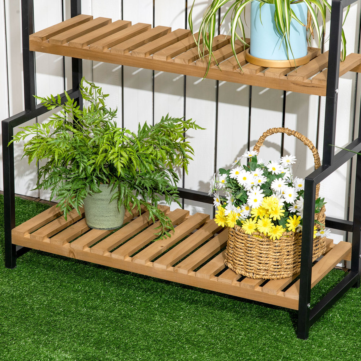 Outsunny Pflanzenregal mit 3 Ebenen und Befestigungshaken, Blumentreppe aus Naturholz, 80 cm x 36 cm x 174 cm, Natur
