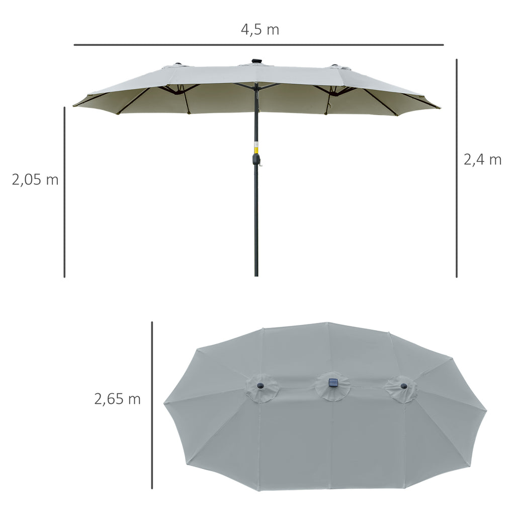 Outsunny Sonnenschirm mit LED Solar 4,5m Doppelsonnenschirm Gartenschirm Marktschirm Terrassenschirm Oval Hellgrau+Schwarz