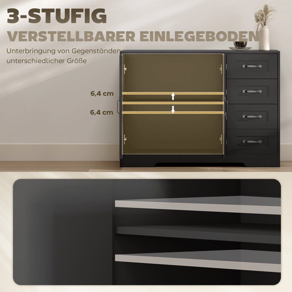 HOMCOM Sideboard, Kommode, moderner Stil, 4 Schubladen, 1 Schrank, 105 x 40 x 76 cm, Schwarz