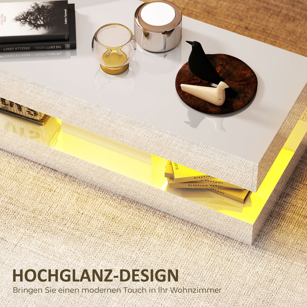 HOMCOM Wohnzimmertisch mit Schubladen und LED-Lichtern, moderner Sofatisch mit offener Ablage, Couchtisch, Spanplatte, Weiß
