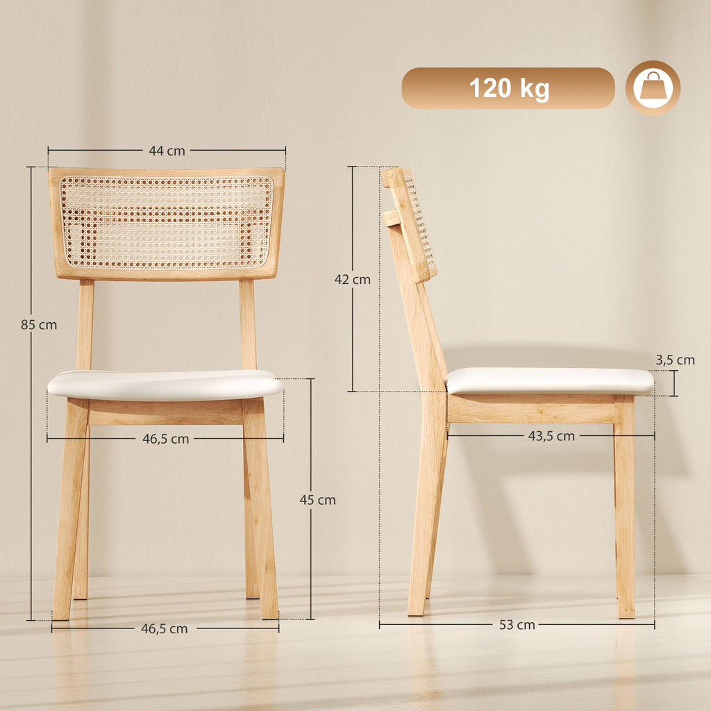 HOMCOM Esszimmerstuhl, Rattan-Rückenlehne, Kunstleder-Sitz, Kautschukholz, Naturholz