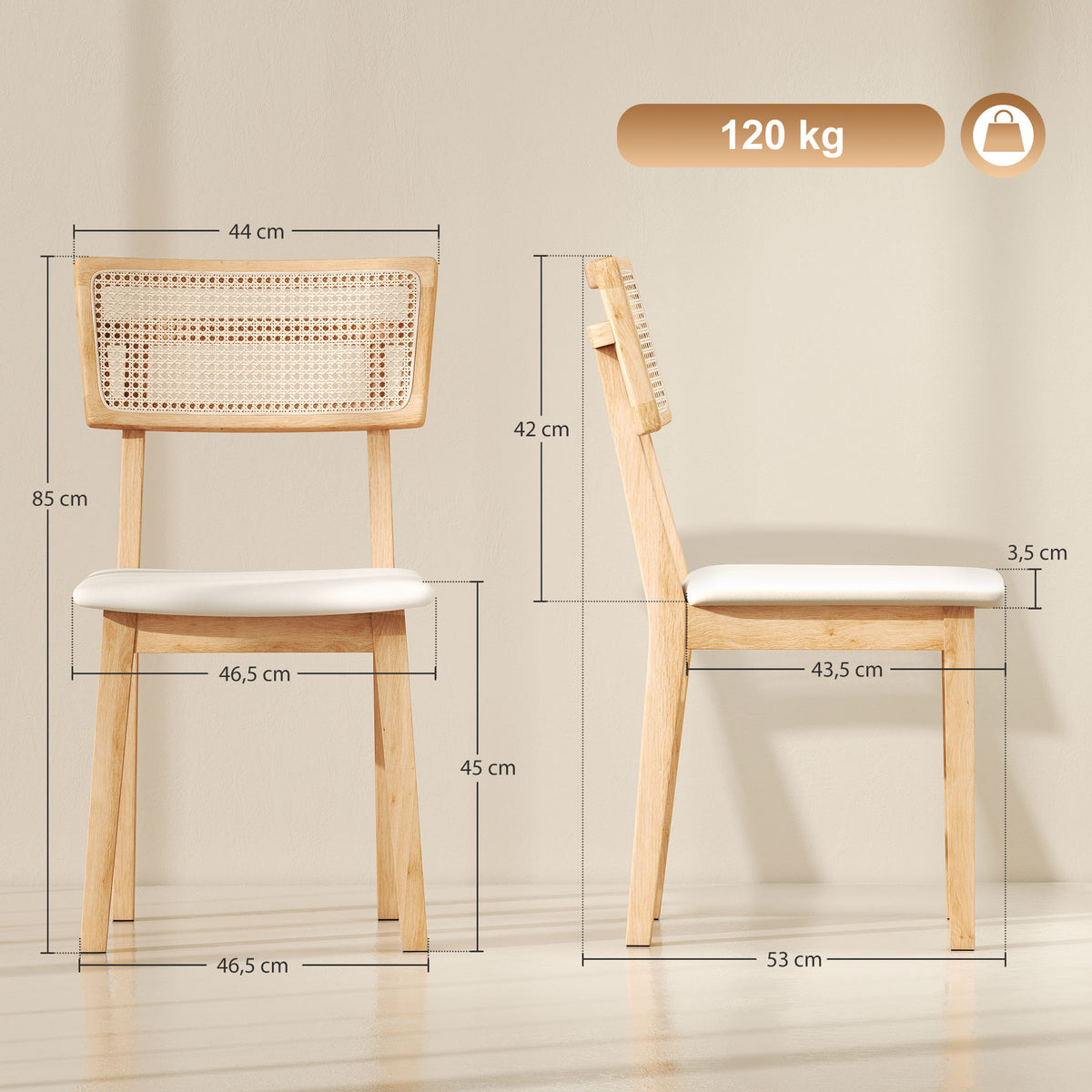 HOMCOM Esszimmerstuhl, Rattan-Rückenlehne, Kunstleder-Sitz, Kautschukholz, Naturholz