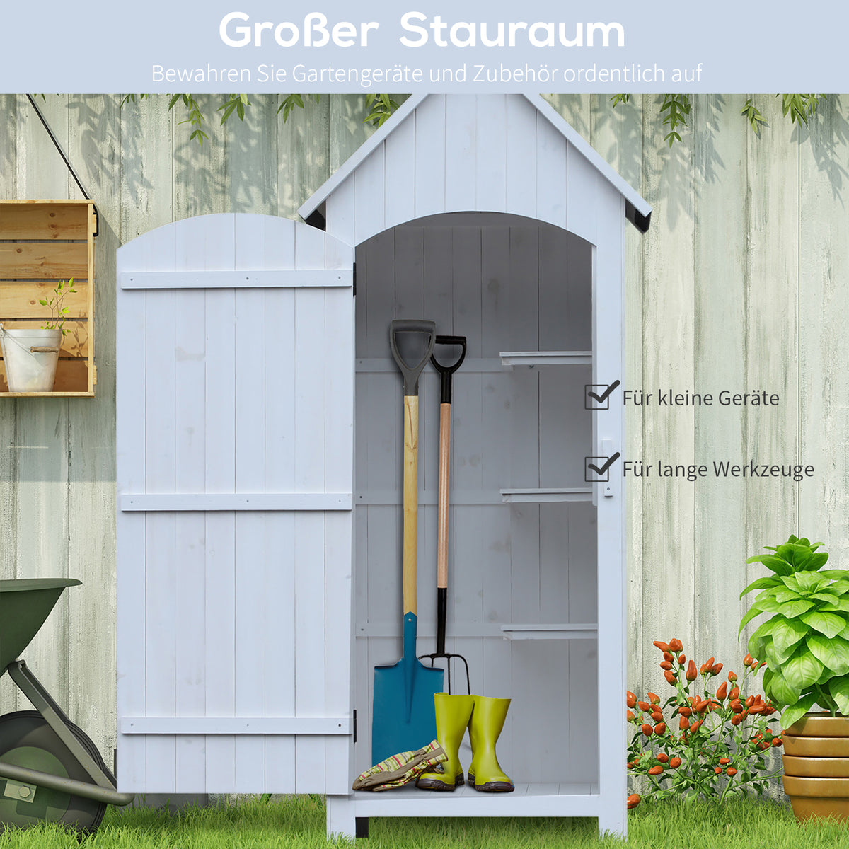 Outsunny Gartenschrank Holz  Gerätehaus Gartenhaus Geräteschuppen Geräteschrank Holzhütte Giebeldach Bitumenpappe Weiß 77,5 x 54,2 x 179,5 cm