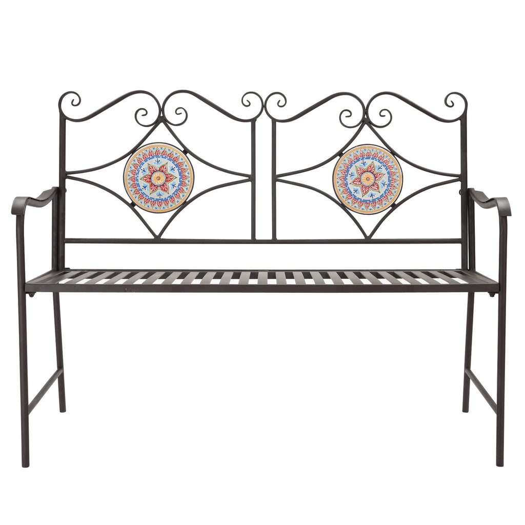 Outsunny Gartenbank im Vintage-Design, 2 Sitzer, wetterbeständig, mit Mosaiksteinen, 121 cm x 52 cm x 93 cm, Mehrfarbig