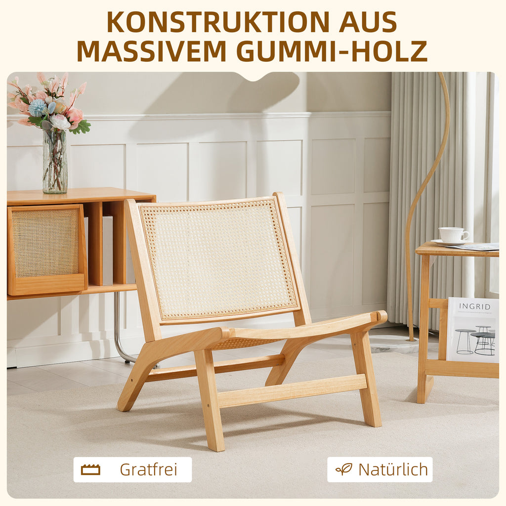HOMCOM Rattanstuhl, Lesestuhl, Holzrahmen, breiter Sitz, 64 x 70 x 74 cm, Naturholz