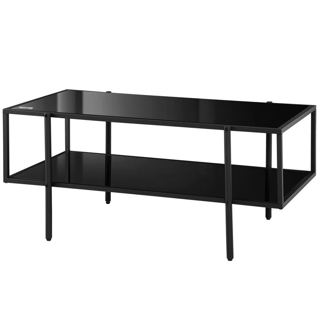 HOMCOM Couchtisch mit Ablage, verstellbare Füße, Stahlrahmen, Glasplatte, 100 x 55 x 45,5 cm, Schwarz