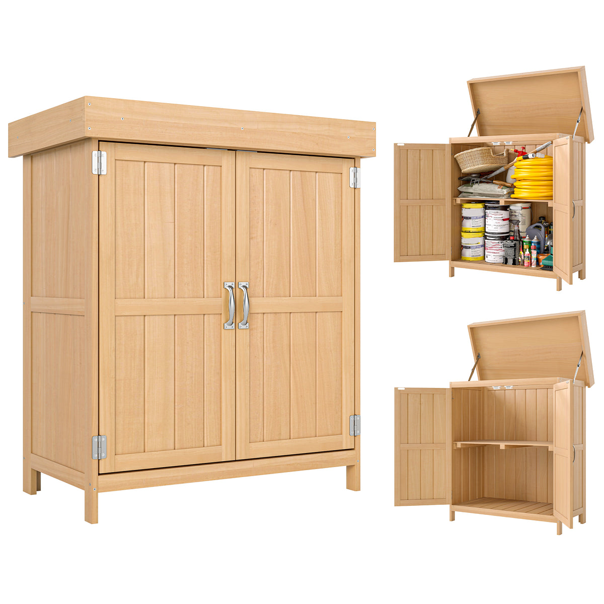 Outsunny Gartenschrank Tannenholz, Geräteschuppen wetterfest 74x43x88cm, Gerätehaus mit Doppeltür, 2 Fächern, Geräteschrank, Gartenhaus Werkzeugschrank Gartenschuppen für Garten, Terrasse, Natur