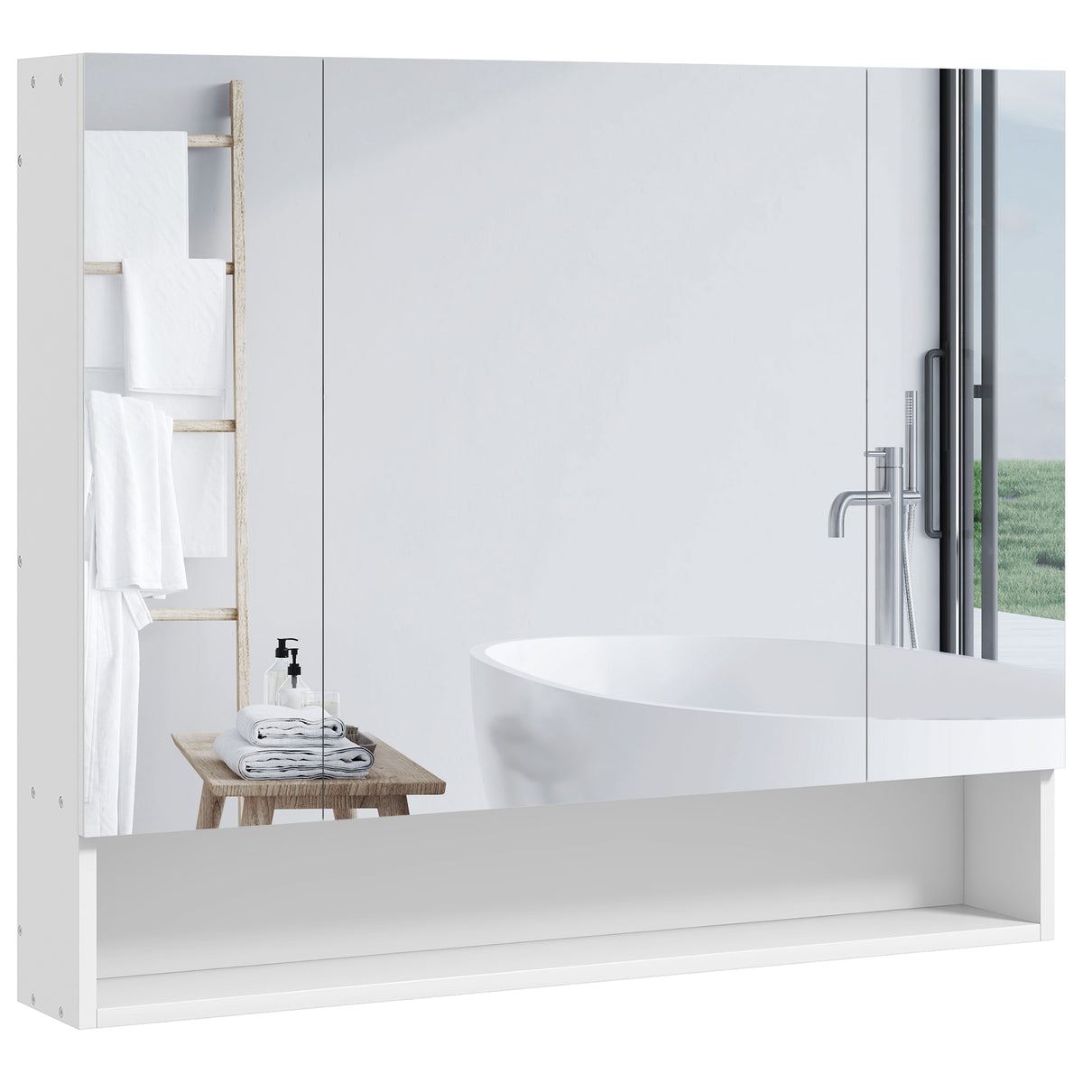 kleankin Badezimmerspiegelschrank, Schminktisch 3 Spiegeltüren, verstellbare Regale, 90x15x75cm, Weiß