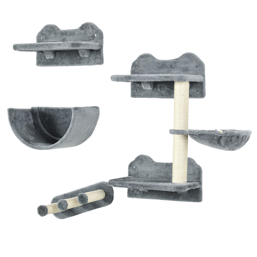 PawHut Kletterwand-Set für Katzen, Hängematte, Kratzbrett, Sprungplattformen, Plüsch, Sisal, Grau