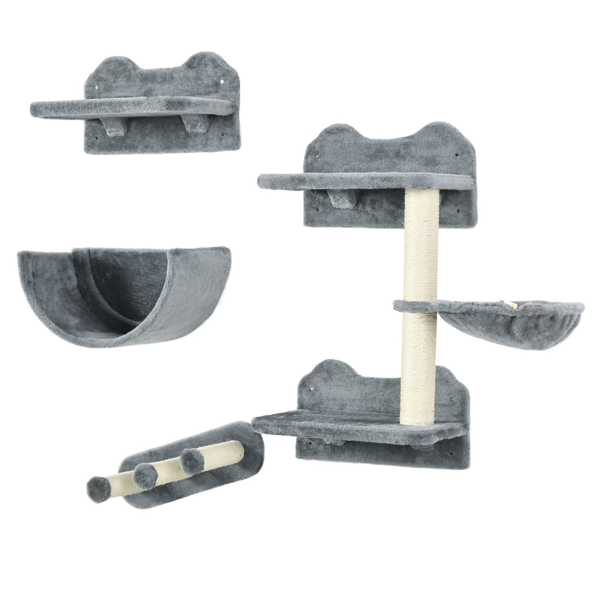 PawHut Kletterwand-Set für Katzen, Hängematte, Kratzbrett, Sprungplattformen, Plüsch, Sisal, Grau