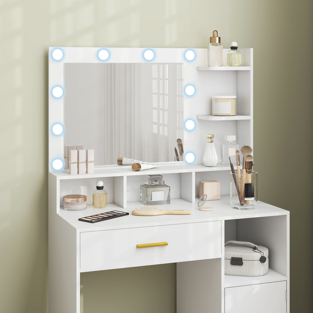 HOMCOM Frisiertisch mit LED-Spiegel und 10 Lichtern, dimmbar, Schublade, Schrank und offene Regale, 80x40x135cm, weiß
