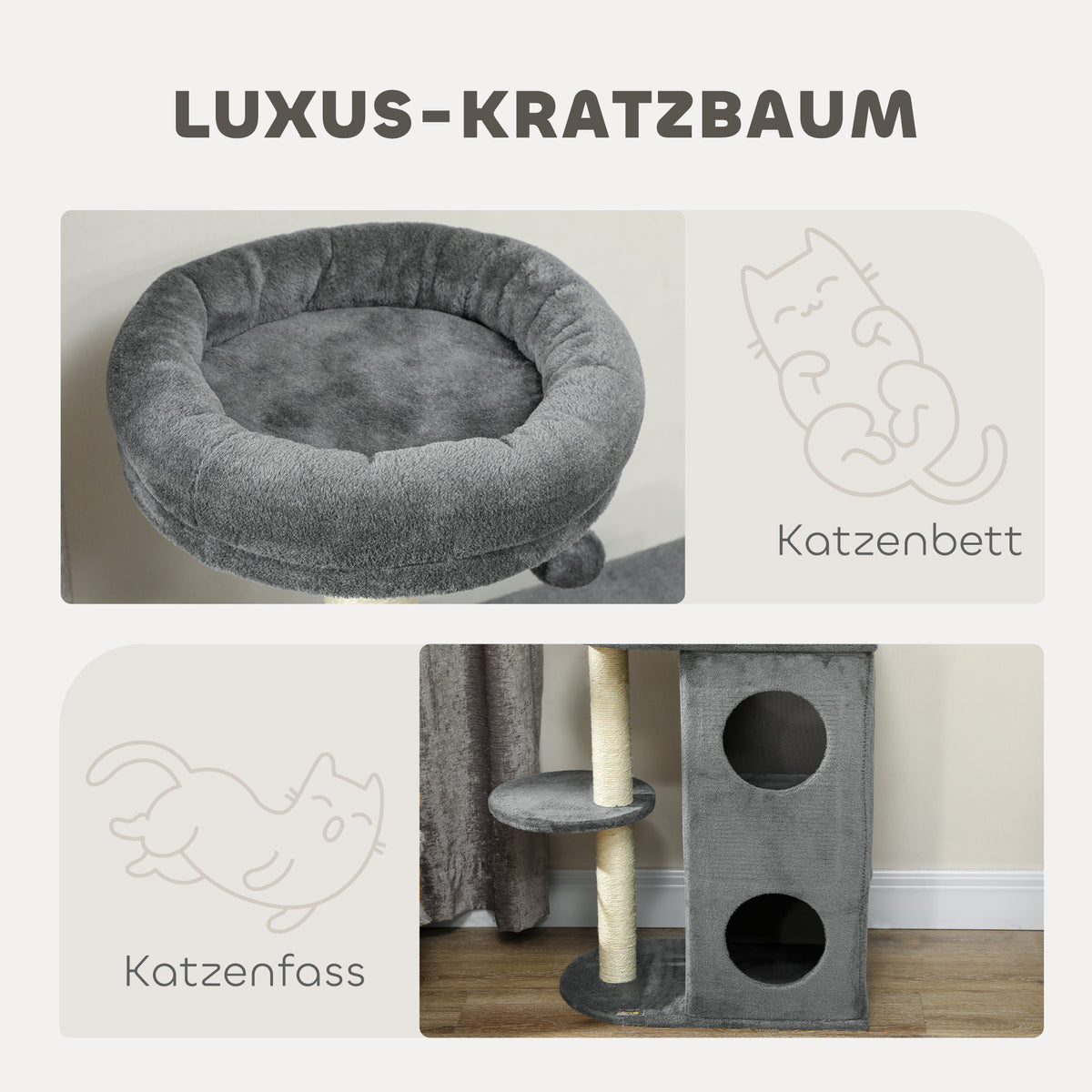 PawHut Katzenbaum für den Innenbereich, 111 cm, Kratzbaum mit Katzenbett, Sisal-Kratzpfosten, Spielball, Sprungplattform, Grau
