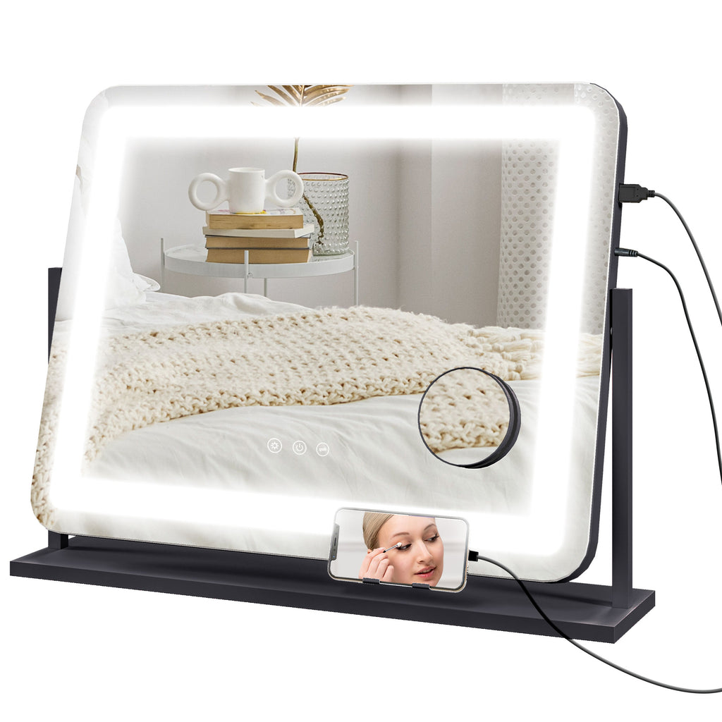 HOMCOM Schminkspiegel mit LED-Lampen, USB-Anschluss, 3 Modi, drehbar, Schwarz