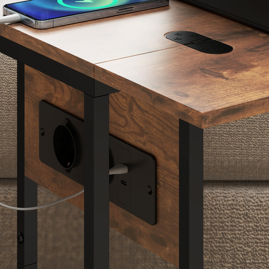 HOMCOM Ausziehbarer C-Couchtisch mit 2 Ladestationen, aus Holz und Metall, 39x29x57 cm, Schwarz und Braun