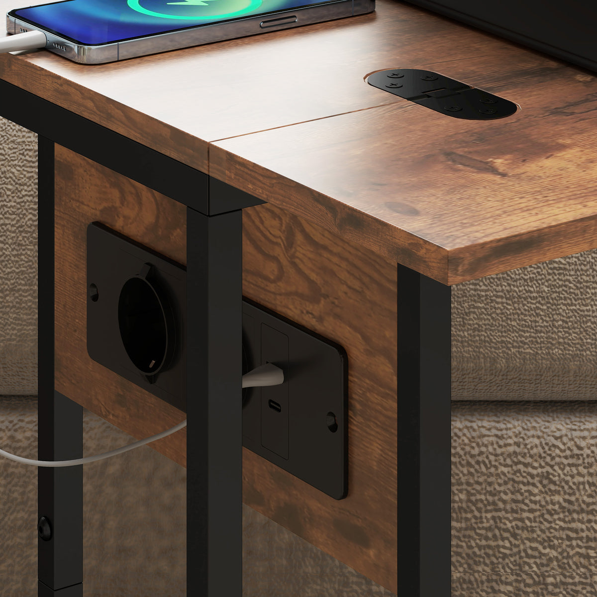 HOMCOM Ausziehbarer C-Couchtisch mit 2 Ladestationen, aus Holz und Metall, 39x29x57 cm, Schwarz und Braun