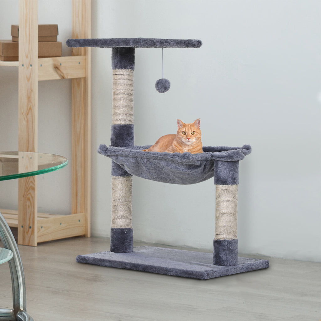 PawHut Kletterbaum Katzenbaum Kratzbaum mit Sisalsäule Plüsch-Hängematte Spanplatte Grau 50 x 36 x 70 cm