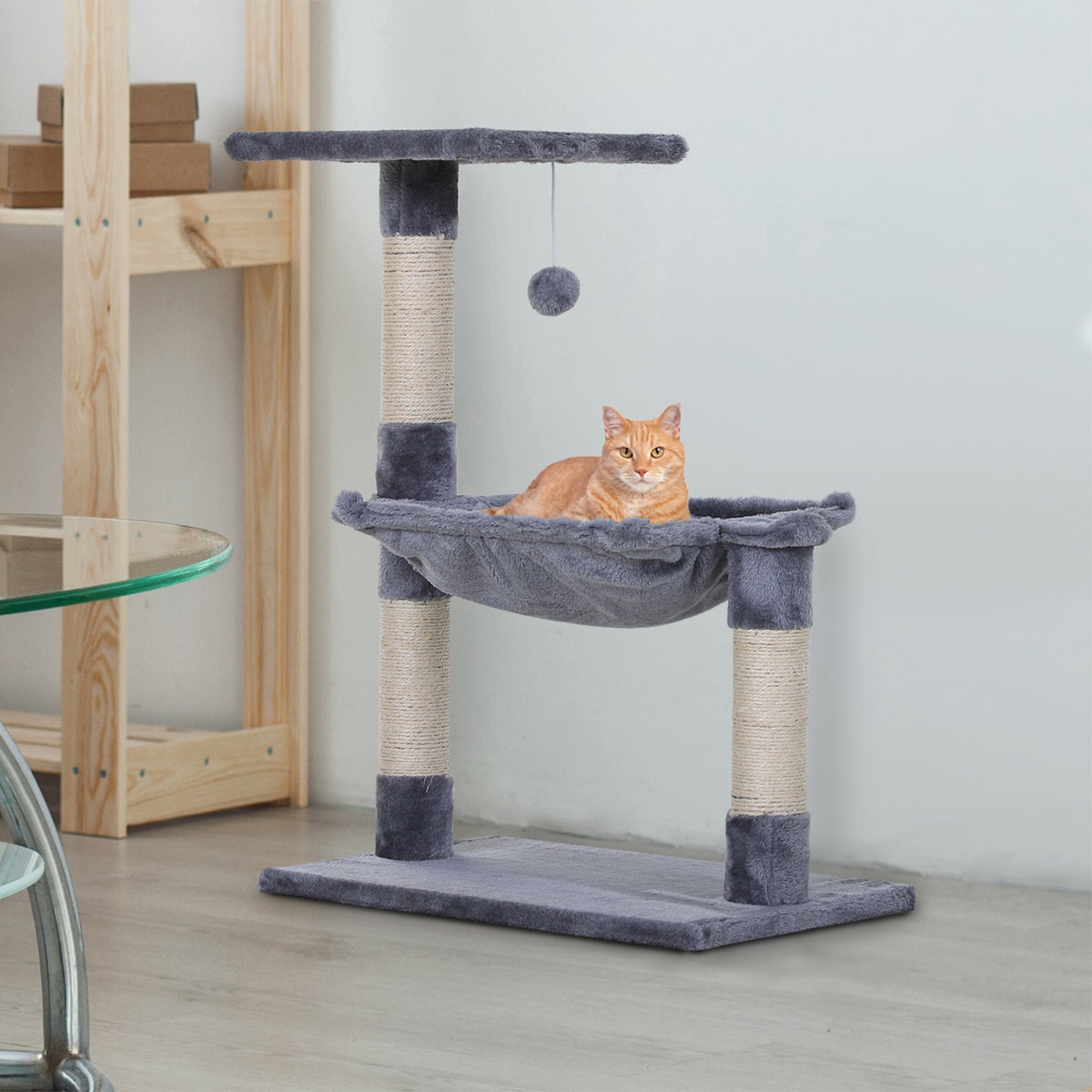 PawHut Kletterbaum Katzenbaum Kratzbaum mit Sisalsäule Plüsch-Hängematte Spanplatte Grau 50 x 36 x 70 cm