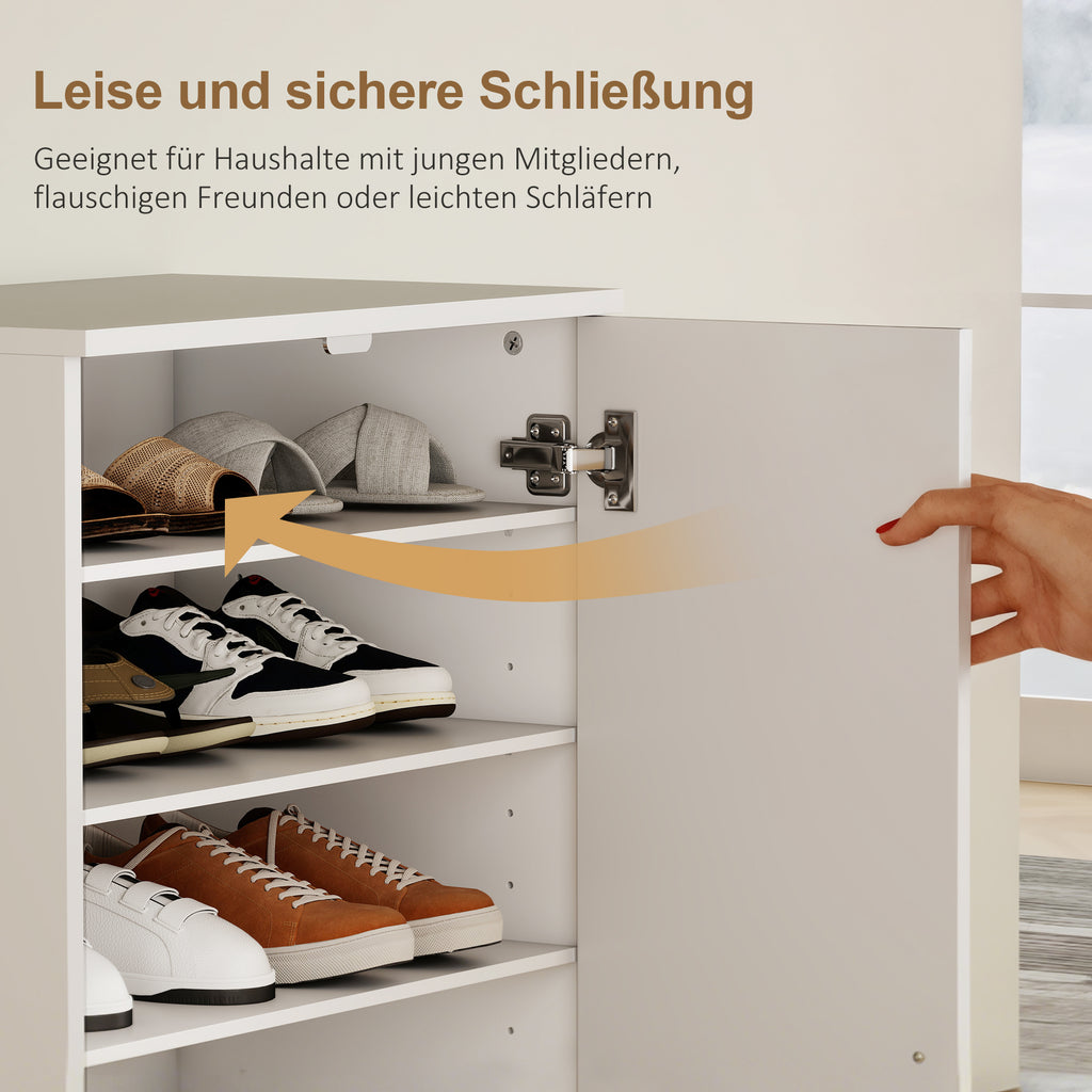 HOMCOM Schuhschrank mit Soft-Close-Scharnieren, verstellbare Regale, 6-stufiges Schuhregal für Flur, Eingangsbereich, für 14 Paare, 55 x 35 x 108 cm, Holz, Weiß