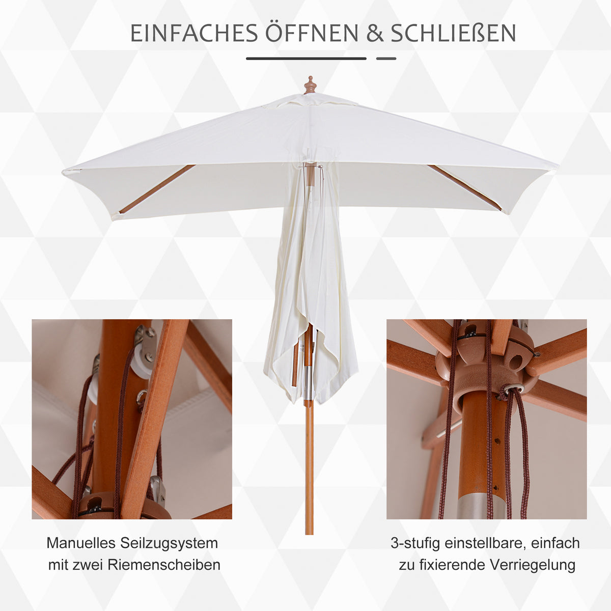 Outsunny Sonnenschirm 200 x 150 x 235 cm Knickbarer Gartenschirm 3-stufig einstellbar rechteckig Strandschirm wasserabweisend und UV-beständig für Strand Balkon Terrasse Garten Cremeweiß