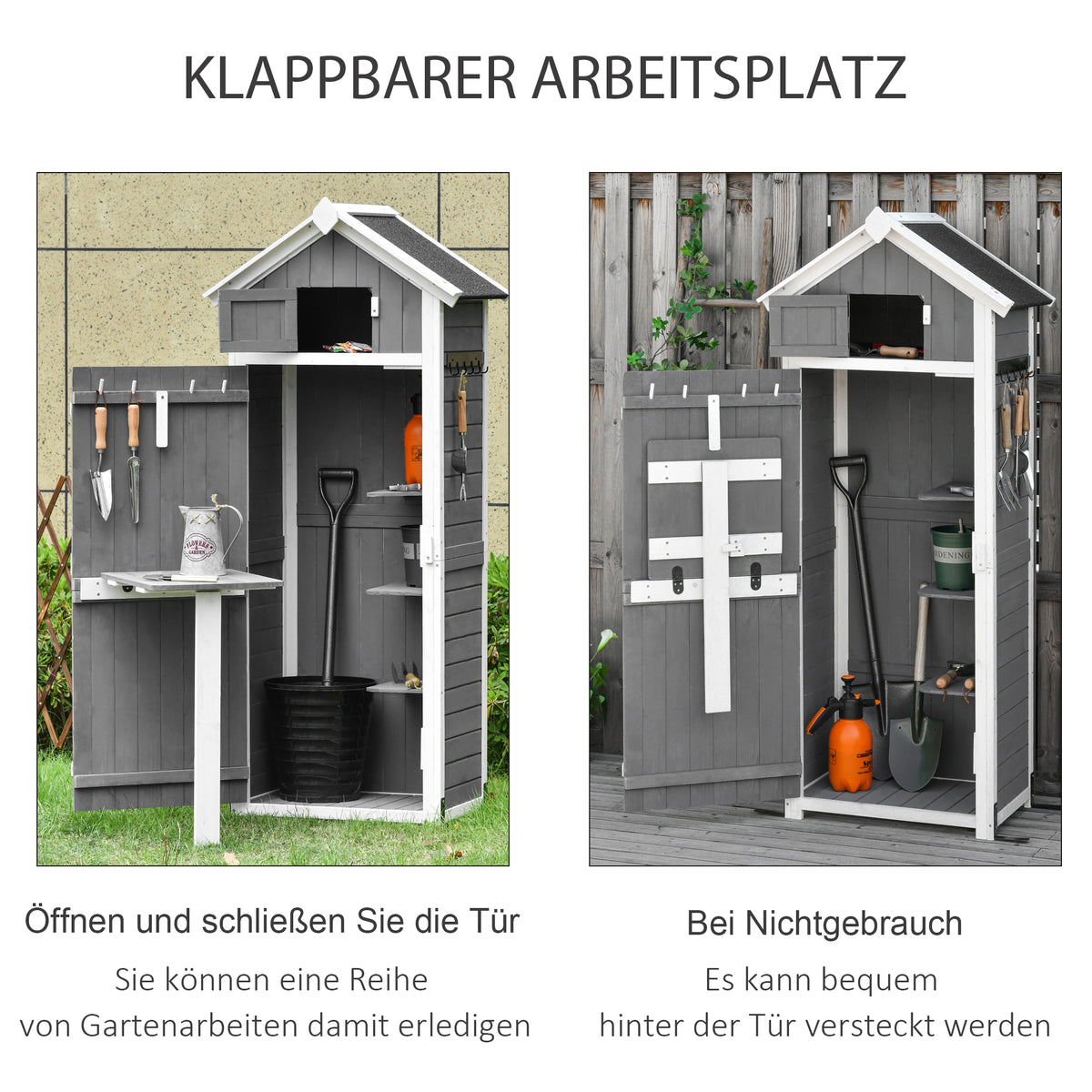 Outsunny Gartenschrank Holz, Geräteschuppen wetterfest 78x52,5x182cm, Gerätehaus mit Tür, Satteldach, Geräteschrank mit Haken, faltbar Tisch, Werkzeugschrank Gartenschuppen für Garten, Terrasse, Grau