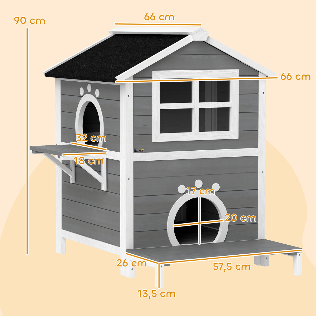 PawHut Outdoor-Katzenhaus mit wetterfestem Dach, Fenster, Balkon, herausnehmbarem Boden, 2 Ebenen, für 1-2 Katzen, Grau
