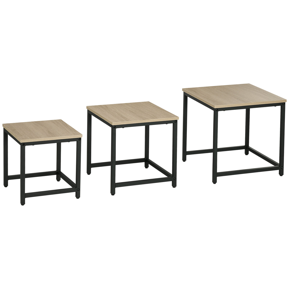 HOMCOM Satztisch-Set aus 3 Beistelltischen, Industrial Design, schwarzer Stahlrahmen, Tischplatte in Holzoptik