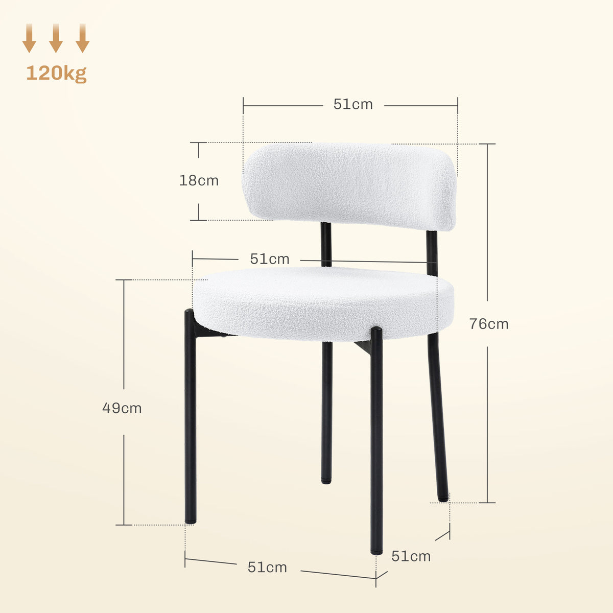 HOMCOM 2er-Set Esszimmerstühle, Fleece-Polsterung, Stühle mit Polstersitz, Metallbeine, Cremeweiß
