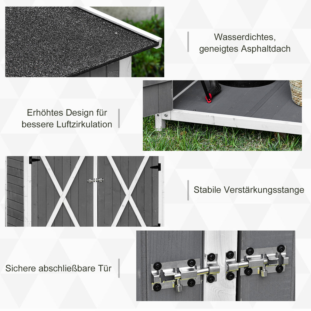 Outsunny Gartenschrank Geräteschuppen mit 2 Tür Geräteschrank mit Asphaltdach Gartenlagerschrank Antidumping Design mit Bodennägel Tannenholz Grau+Weiß 139 x 75 x 160 cm