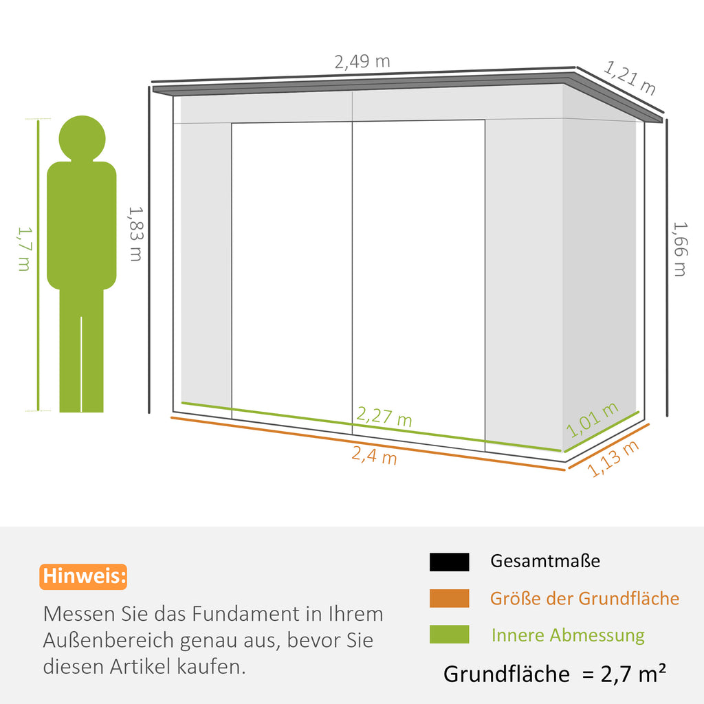Outsunny Gerätehaus, Metall-Gartenhaus mit Pultdach, 249 x 121 x 166/183 cm, Einfache Montage, mit Doppeltüren, Grün