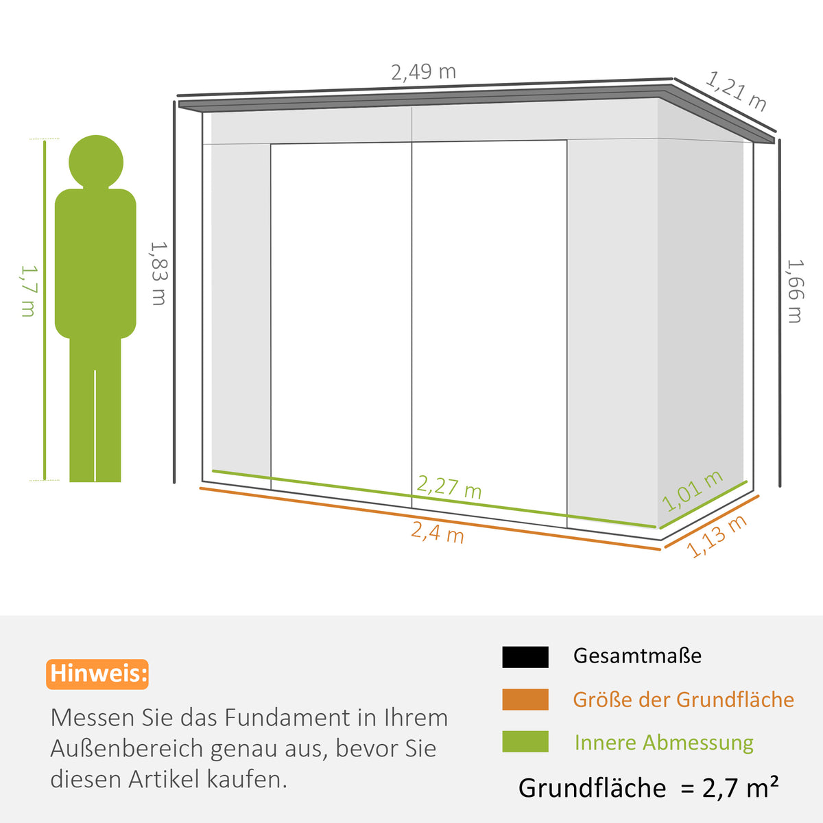 Outsunny Gerätehaus, Metall-Gartenhaus mit Pultdach, 249 x 121 x 166/183 cm, Einfache Montage, mit Doppeltüren, Grün