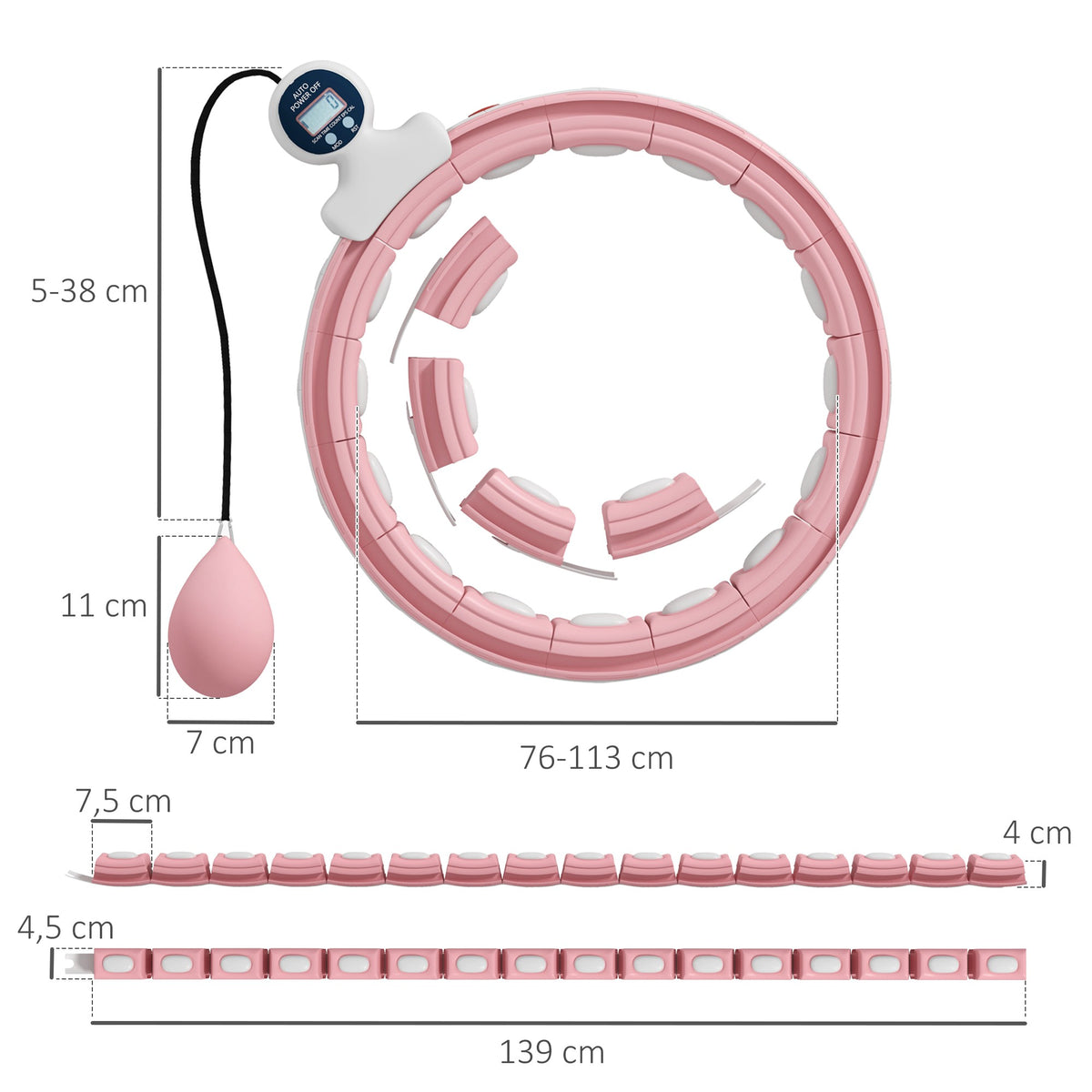 SPORTNOW Hula Hoop Reifen mit Massagestacheln, verstellbar von 76 bis 113 cm Taillenumfang, 16 abnehmbare Abschnitte, Fitness