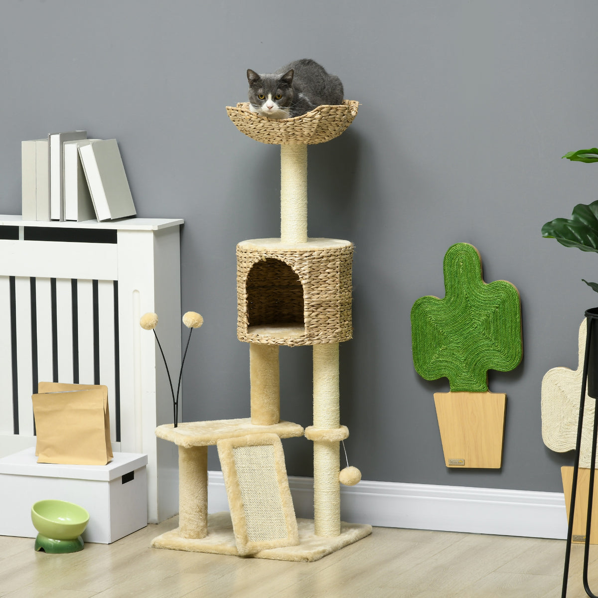 PawHut Kratzbaum mit Katzenhöhle, Liegeplattform, Spielball, 45x40x116cm, Braun/Beige