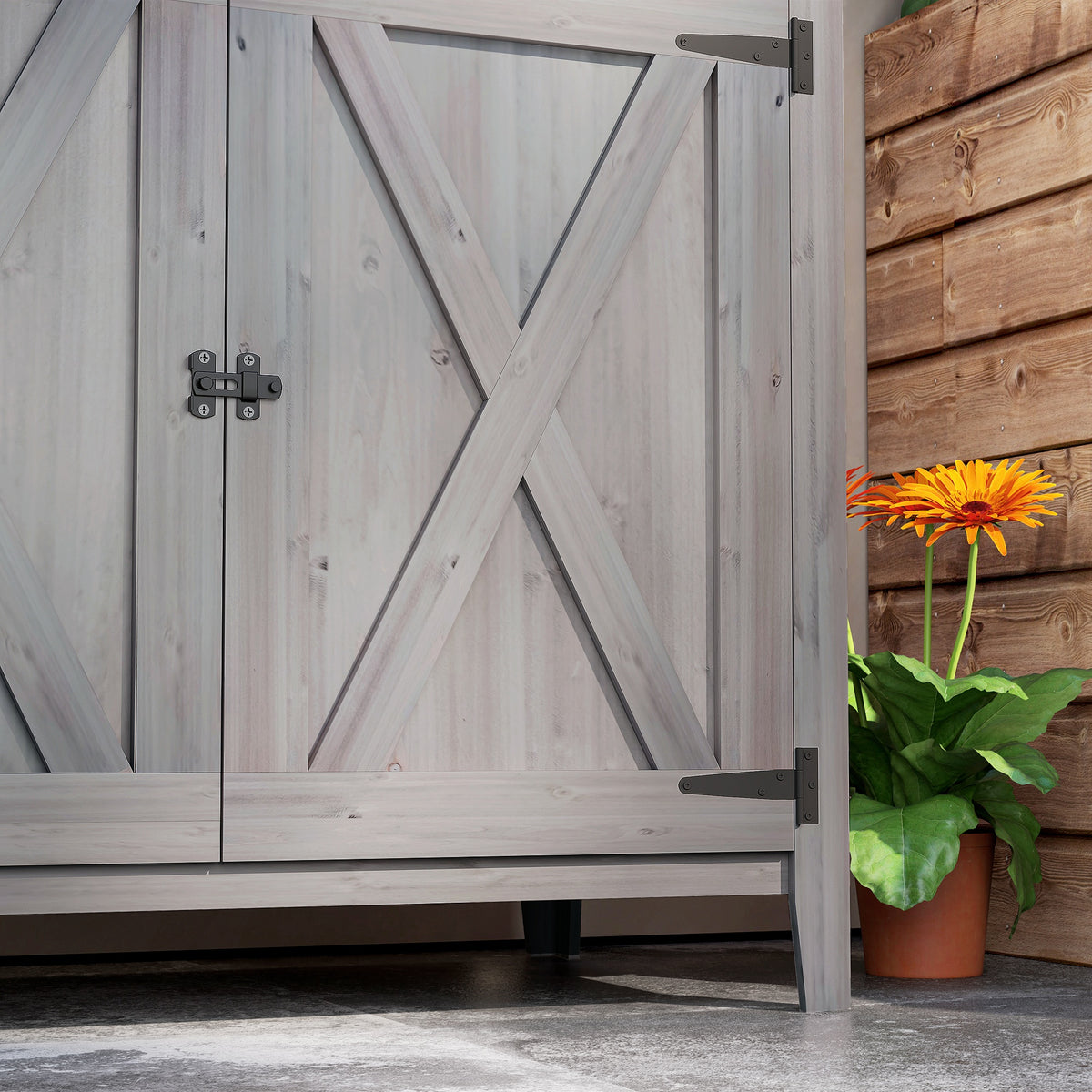 Outsunny Gartenschrank, Holzschrank für Gartengeräte, Outdoor-Schrank für Terrasse, mit Doppeltüren, Scheunendesign, Hellgrau