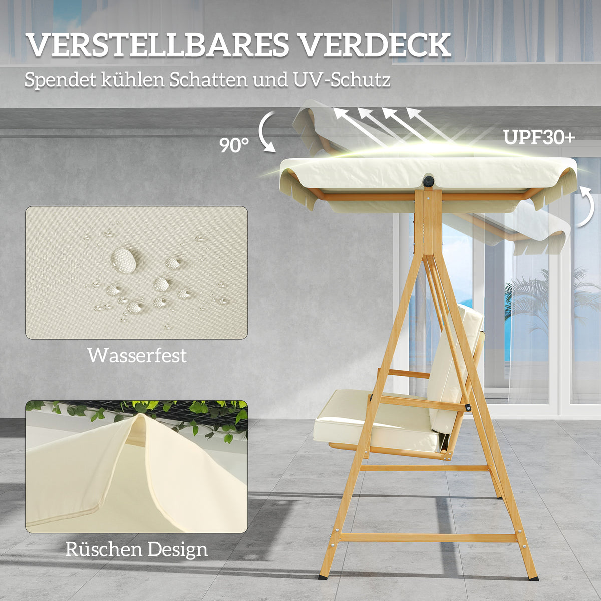 Outsunny Hollywoodschaukel mit verstellbarem Sonnendach Sitzauflage, 3-Sitzer bis 330kg 198 x 120 x 170cm, Beige