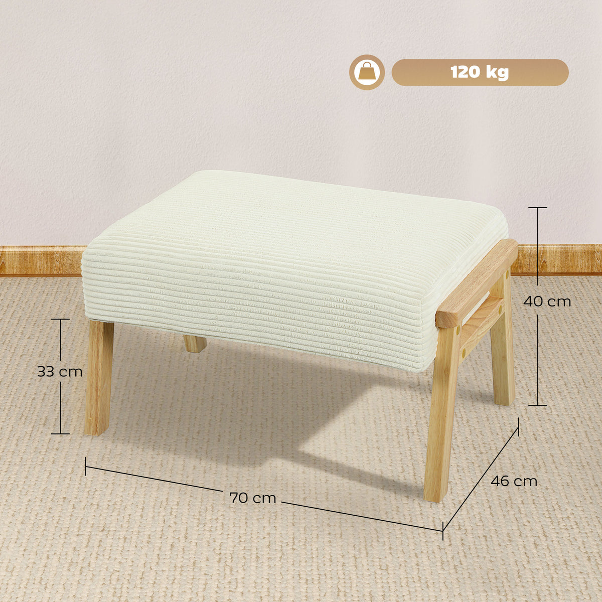 HOMCOM Sitzhocker Hocker mit weichem Sitzkissen Holzbeinen Fußhocker mit Cordoptik Cremeweiß